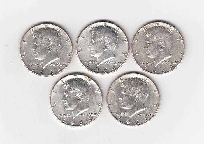 USA, 5 x Kennedy Half Dollar 90% silver coins (no.G18)