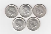 USA, 5 x Kennedy Half Dollar 90% silver coins (no.G18)