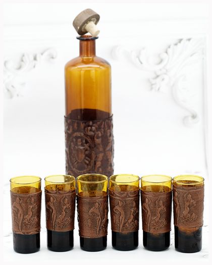 Vintage Amber Glass Decanter Glasses Set