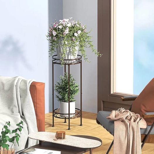 2-Tier Tall Metal Plant Stand, Bronze, 70x30cm, Indoor/Outdoor, Anti-Rust, Easy Assembly