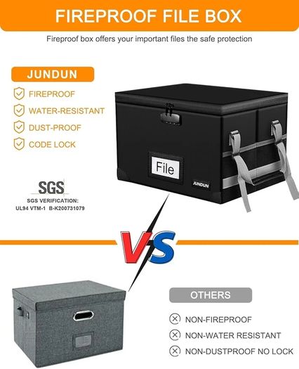 File Box with Lock,Fireproof Document Box with Handle and Zipper,Collapsible File Organiser,Home Office Fire Safe Storage Filing Box for A4 Suspension File Folder