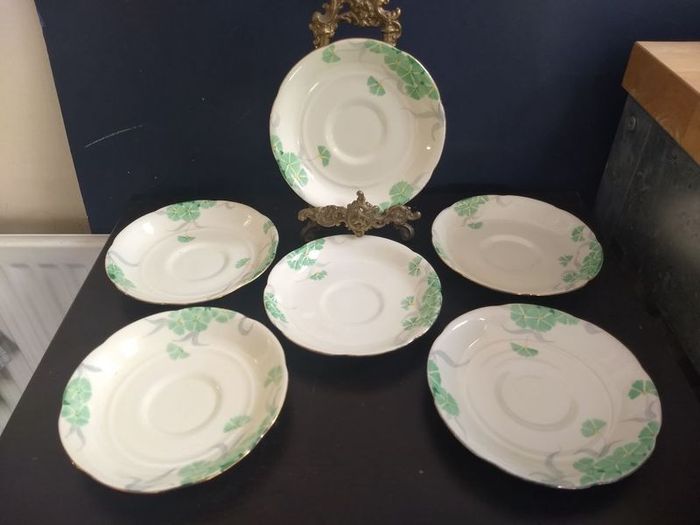 Lovely Set of Six Vintage English Bone China Hand Painted Saucers, (For Use as Petit Fours Plates), with Green Flowers on a Creamy Yellow Base Glaze.
