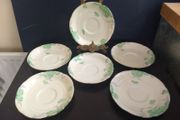 Lovely Set of Six Vintage English Bone China Hand Painted Saucers, (For Use as Petit Fours Plates), with Green Flowers on a Creamy Yellow Base Glaze.