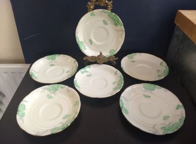Lovely Set of Six Vintage English Bone China Hand Painted Saucers, (For Use as Petit Fours Plates), with Green Flowers on a Creamy Yellow Base Glaze.
