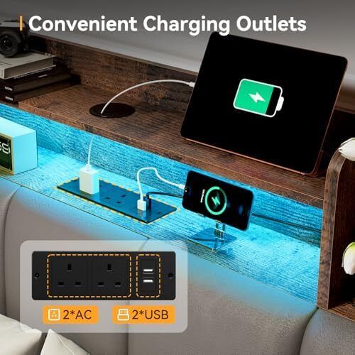 LED Double Bed Frame with Charging Station with Storage Upholstered Headboard 135x190cm