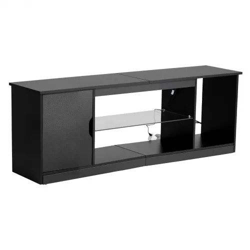 TV Stand for TVs up to 1651 mm, Modern Entertainment Center with Light Strip, Wooden TV Cabinet Storage with Glass Shelf and Adjustable Shelves, Console Table for Living Room and Bedroom, Black