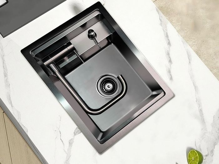 Hidden Concealed Kitchen Bar Sink with Folding Faucet, Hidden Stainless Steel Undermount Workstation Bar Sink for Small Prep RV (Black, 30x45x22CM)