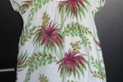 ladies tropical palm tree white top with green + pink floral design  small 8 -10