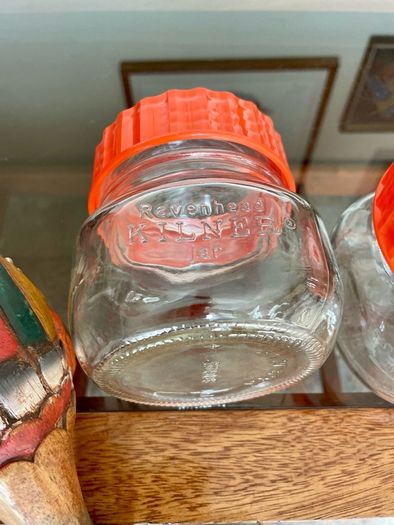 Pair Vintage 500ml 1970s Ravenhead Glass Kilner Jars With Orange Screw Lids