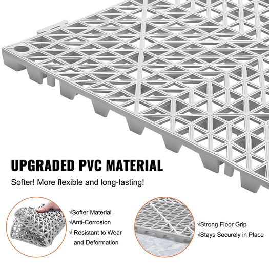 55 Pack Floor Tiles 30 x 30 cm Modular Interlocking Cushion Splicing Drainage Mats, Soft PVC Interlocking Drainage Floor Tiles, Non-Slip Drainage Holes for Restroom, Bathroom, Kitchen, Pool, Wet Area, Gray
