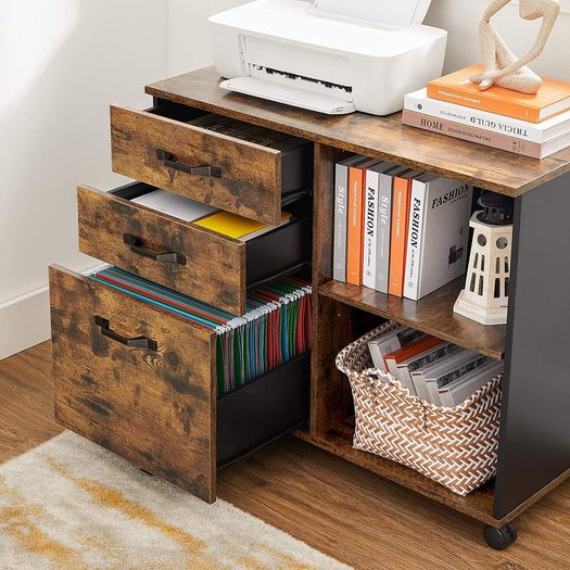 _3-Drawer Unit, Office Storage Unit with Open Compartments, Sideboard, for A4 Format, Documents, Printer Stand, Industrial Style, Rustic Brown and Black