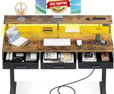 Standing Desk with 3 Storage Drawers, 120cm Height Adjustable Desk Electric Sit Stand Table with Monitor Stand, LED Lights, Power Outlet, Space Saving for Small Home Office Living Room, Brown