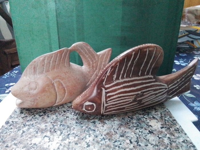 Two Stone Carved  Fish & a Stone Carved Bud Vase