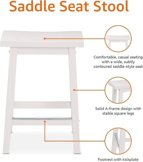 Basics Set of 2 Solid Wood Kitchen Counter Short Bar Stool, Dining Chair, Easy Assembly, Modern, 61 cm Tall, White