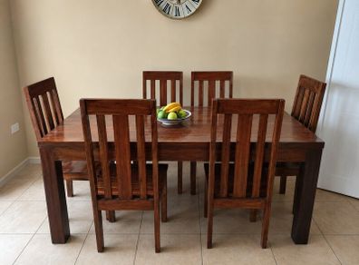 Solid wood matching furniture set - dinning table/chairs, book cabinet, large coffee table, mirror, side tables