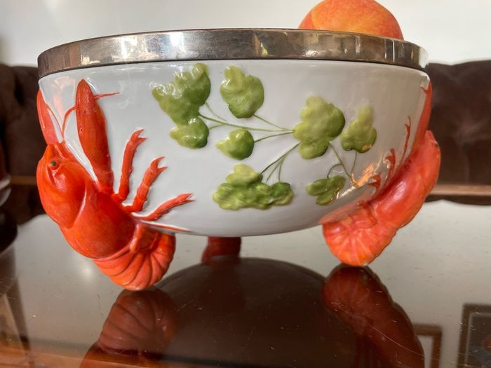 Antique WMF Lobster and Seaweed Silver Plated Trim Porcelain Round Serving Bowl 1920s