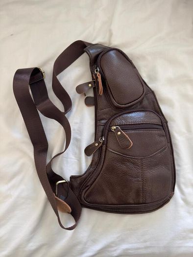 Brown leather sling bag