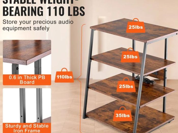 4-Tier AV Media Stand with Power Strips, Corner TV Stand with LED Lights, Height Adjustable