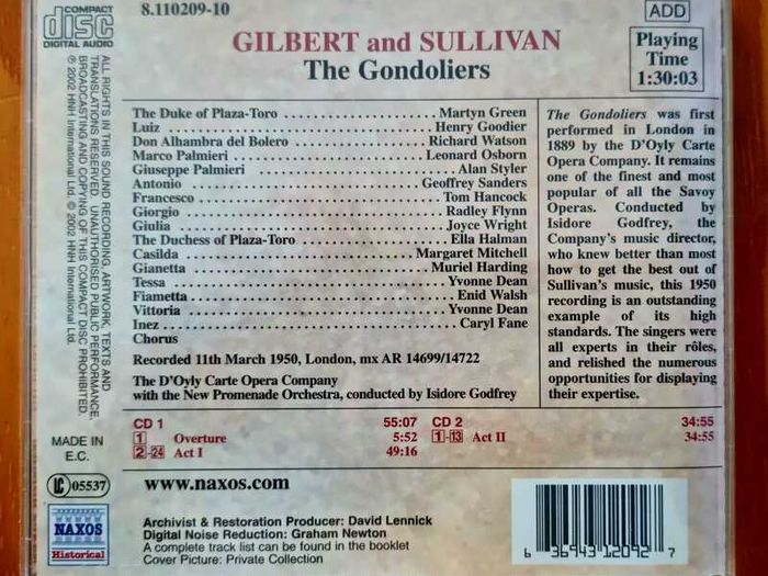 4x2 CD's - Gilbert and Sullivan - The Gondoliers / HMS Pinafore / The Micado / The pirates of Penzance. VG condition.