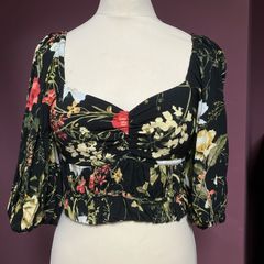 H&M Floral Crop Puff Floral Sleeve Top Small