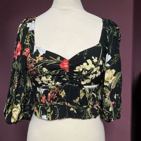 H&M Floral Crop Puff Floral Sleeve Top Small