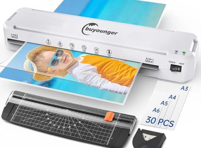 A3 Laminator with 30 Laminating Pouches - Fast 60s Warm Up & 355mm/min Lamination, All-in-1 Laminator Machine with Never Jam Technolagy, Support A3/A4/A5/A6, Perfect for Office Home School