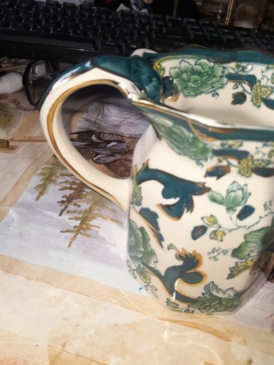 Beautiful Old Mason Jug, England, Chartreuse pattern, teal, green and gilt floral chinoiserie decoration shaped rim and scroll handle mid 20th century