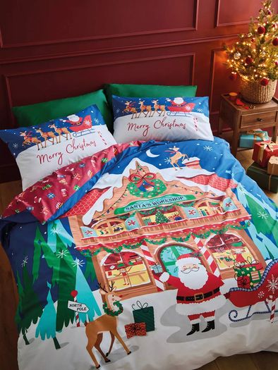 Catherine Lansfield Christmas Santas Workshop Duvet Set King Size Reversible