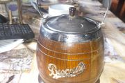 Beautiful Old Wooden Biscuit Barrel with Lid and Porcelain Insert