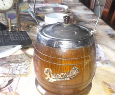 Beautiful Old Wooden Biscuit Barrel with Lid and Porcelain Insert