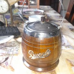 Beautiful Old Wooden Biscuit Barrel with Lid and Porcelain Insert