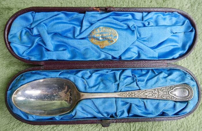 Antique Sterling Silver Christening Spoon by James Crichton & Sons of Glasgow, presented in its Original Velvet-lined Box. with original handwritten note from Glasgow dated October 4, 1886.