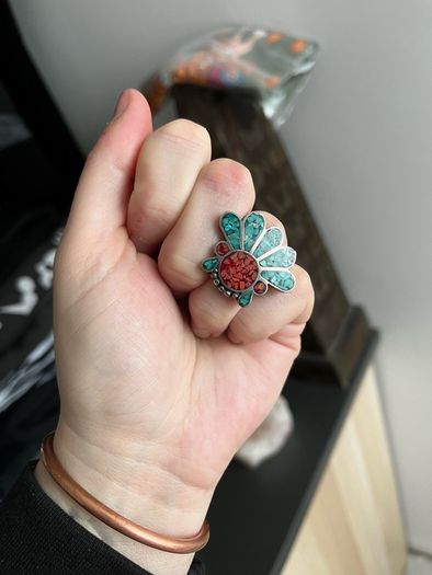 Handmade Sterling Silver Hopi Zuni Headdress Multi Stone Silver Ring- Turquoise and Coral - Vintage