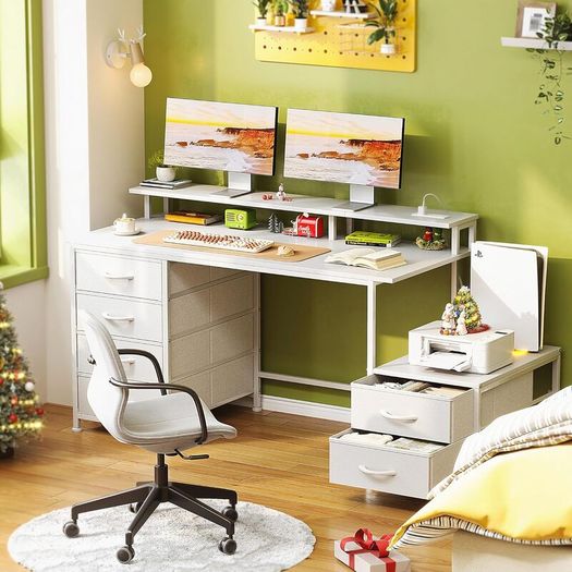 128cm Desk with Fabric File Cabinet Computer Shelves and Drawers Writing Table Monitor Stand Study Workstation for Home Office White