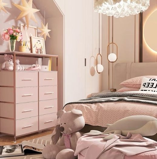 Dresser for Bedroom with 8 Fabric Drawers, Tall Storage Organizer Unit with 2 Layers Shelf, TV Stand with Sturdy Metal Frame (Pink)