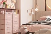 Dresser for Bedroom with 8 Fabric Drawers, Tall Storage Organizer Unit with 2 Layers Shelf, TV Stand with Sturdy Metal Frame (Pink)