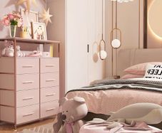 Dresser for Bedroom with 8 Fabric Drawers, Tall Storage Organizer Unit with 2 Layers Shelf, TV Stand with Sturdy Metal Frame (Pink)