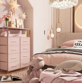 Dresser for Bedroom with 8 Fabric Drawers, Tall Storage Organizer Unit with 2 Layers Shelf, TV Stand with Sturdy Metal Frame (Pink)