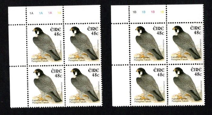 2002-04 Ireland Tenth Definitive Stamp Series Birds 48c Peregrine Falcon Plate Block 1A1A1A1A & 1B1B1B1B Mint Never Hinged (MNH)