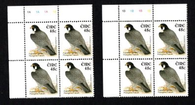 2002-04 Ireland Tenth Definitive Stamp Series Birds 48c Peregrine Falcon Plate Block 1A1A1A1A & 1B1B1B1B Mint Never Hinged (MNH)