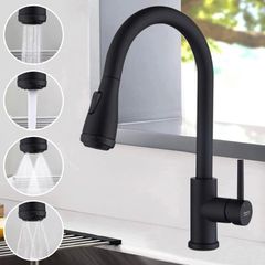 Kitchen Taps Mixer 4 Modes Kitchen Sink Taps with Pull Out Spray Single Handle 360 Degree Swivel Kitchen Faucet for Hot&Cold Water Modern Basin Mixer Tap for Kitchen Sink, Matte Black (FREE POSTAGE)