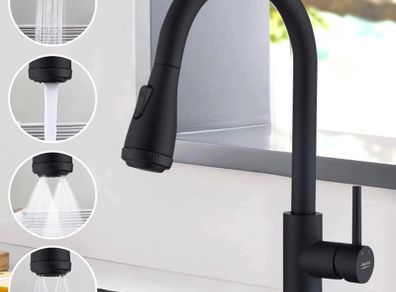 Kitchen Taps Mixer 4 Modes Kitchen Sink Taps with Pull Out Spray Single Handle 360 Degree Swivel Kitchen Faucet for Hot&Cold Water Modern Basin Mixer Tap for Kitchen Sink, Matte Black (FREE POSTAGE)