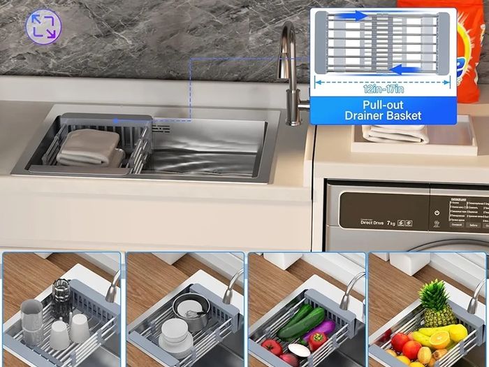 Stainless Steel kitche Sink,50 x 43cm,Inset Kitchen Sink,with Waste Kit,Drain Pipe,Pull-Out Drainer Basket,Suitable for Bathroom,Caravan Travelling