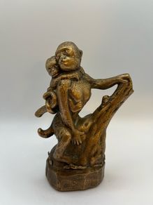 Bronze Monkey & Baby  Tree Branch Sculpture