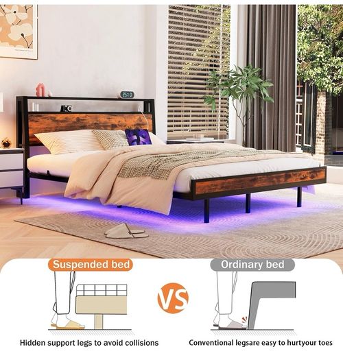 Floating Bed Frame King Size with Charging Station and LED Lights