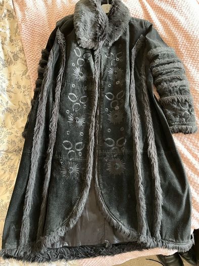 Vintage black embellished long leather coat / black suede long jacket / 90s suede coat / black suede leather coat