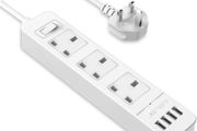 Extension Lead USB, Power Socket with 3 Outlet 4 USB Charging Station Power Strip USB with 2m Power Lead-White