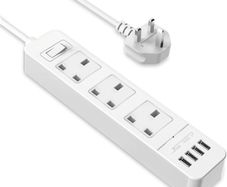 Extension Lead USB, Power Socket with 3 Outlet 4 USB Charging Station Power Strip USB with 2m Power Lead-White