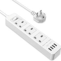 Extension Lead USB, Power Socket with 3 Outlet 4 USB Charging Station Power Strip USB with 2m Power Lead-White