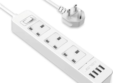 Extension Lead USB, Power Socket with 3 Outlet 4 USB Charging Station Power Strip USB with 2m Power Lead-White